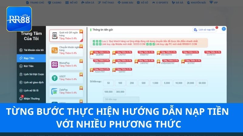 Từng bước thực hiện hướng dẫn nạp tiền với nhiều phương thức